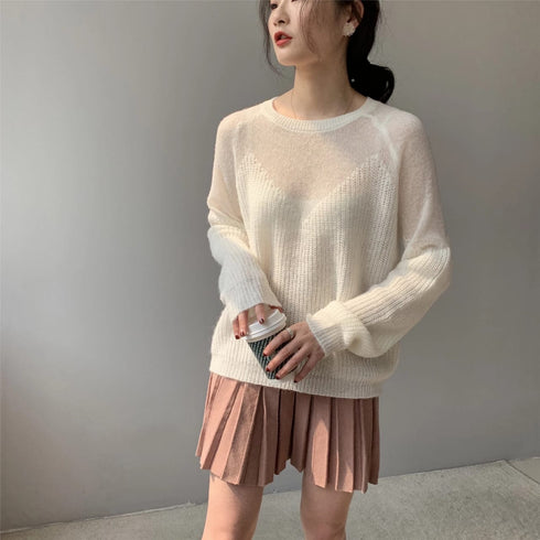 Loose Micro-Openwork Round Neck Pullover